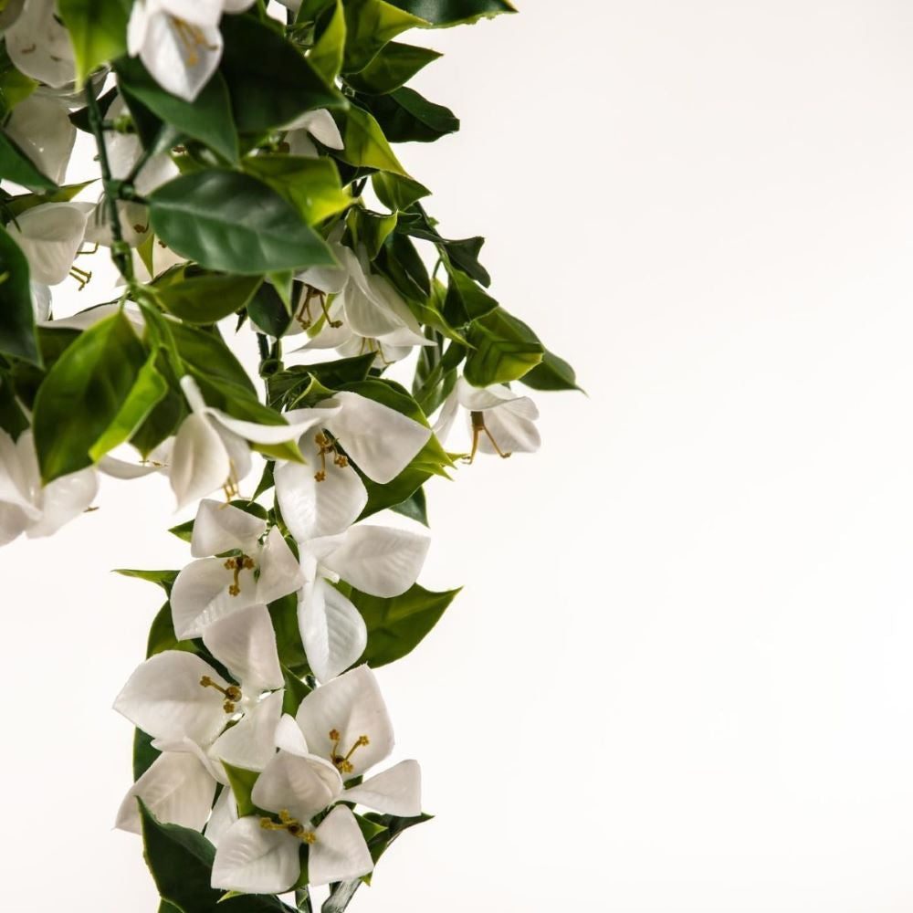 Hanging White Artificial Bougainvillea Plant UV Resistant 90cm close up view of white flowers