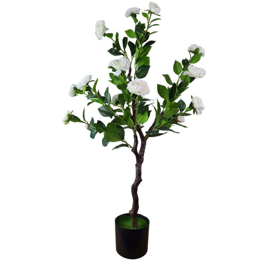 Flowering Natural White Artificial Camellia Tree 100cm Full View