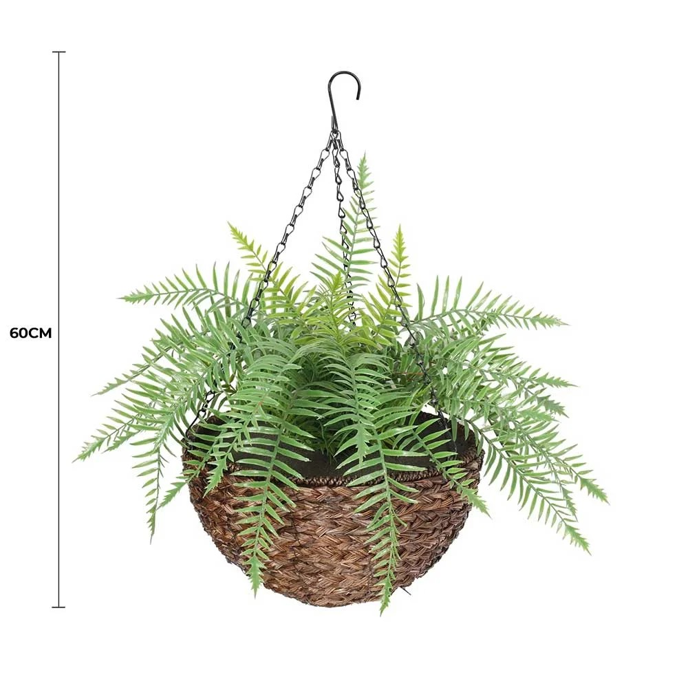 Lifelike Large Hanging Artificial Fern in Basket UV Resistant full view with measurement