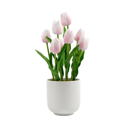 Flowering Pink Artificial Tulip Plant Arrangement With Ceramic Bowl 35cm full view