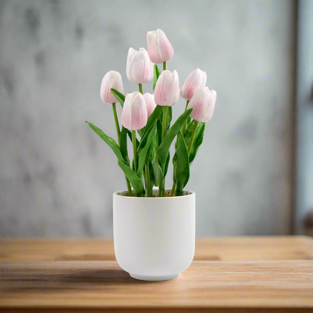 Lifelike 35cm Pink Flowering Artificial Tulip in Ceramic Pot