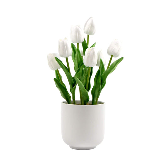 Flowering White Artificial Tulip Plant Arrangement With Ceramic Bowl 35cm full view