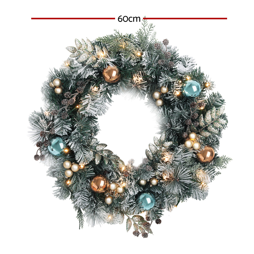 Artificial Christmas Wreath 60cm with LED Lights Snow Frosted Baubles