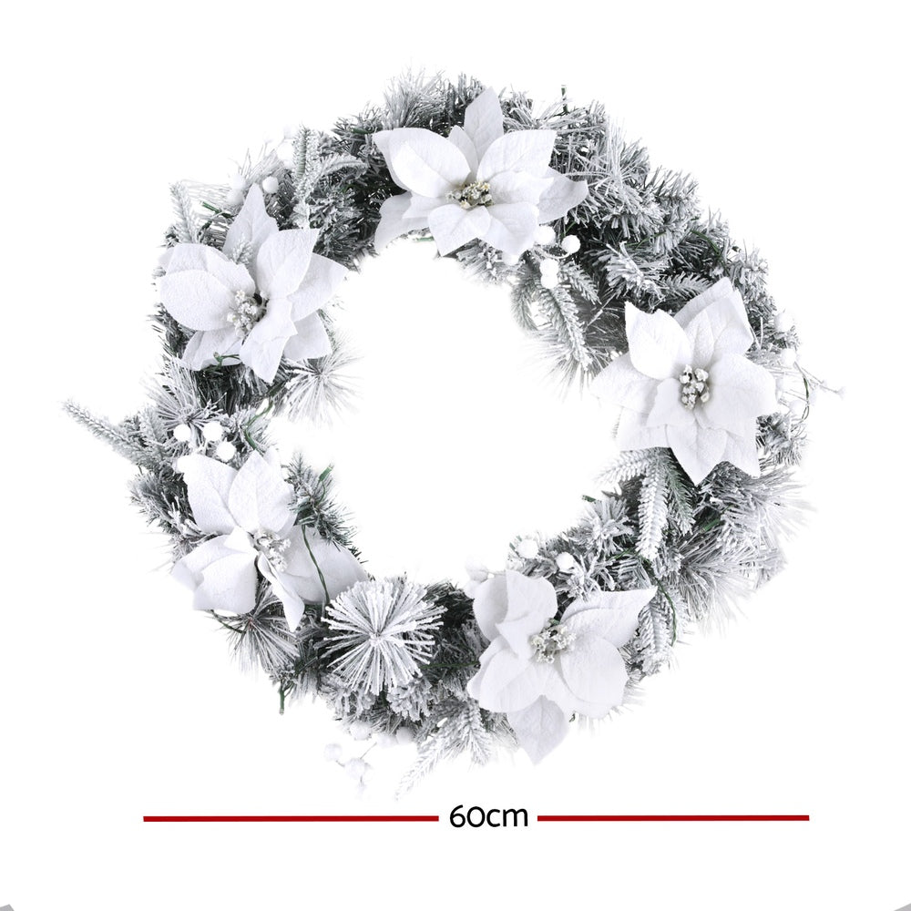 Artificial Christmas Wreath 60cm LED Lights Snow Frosted Flowers