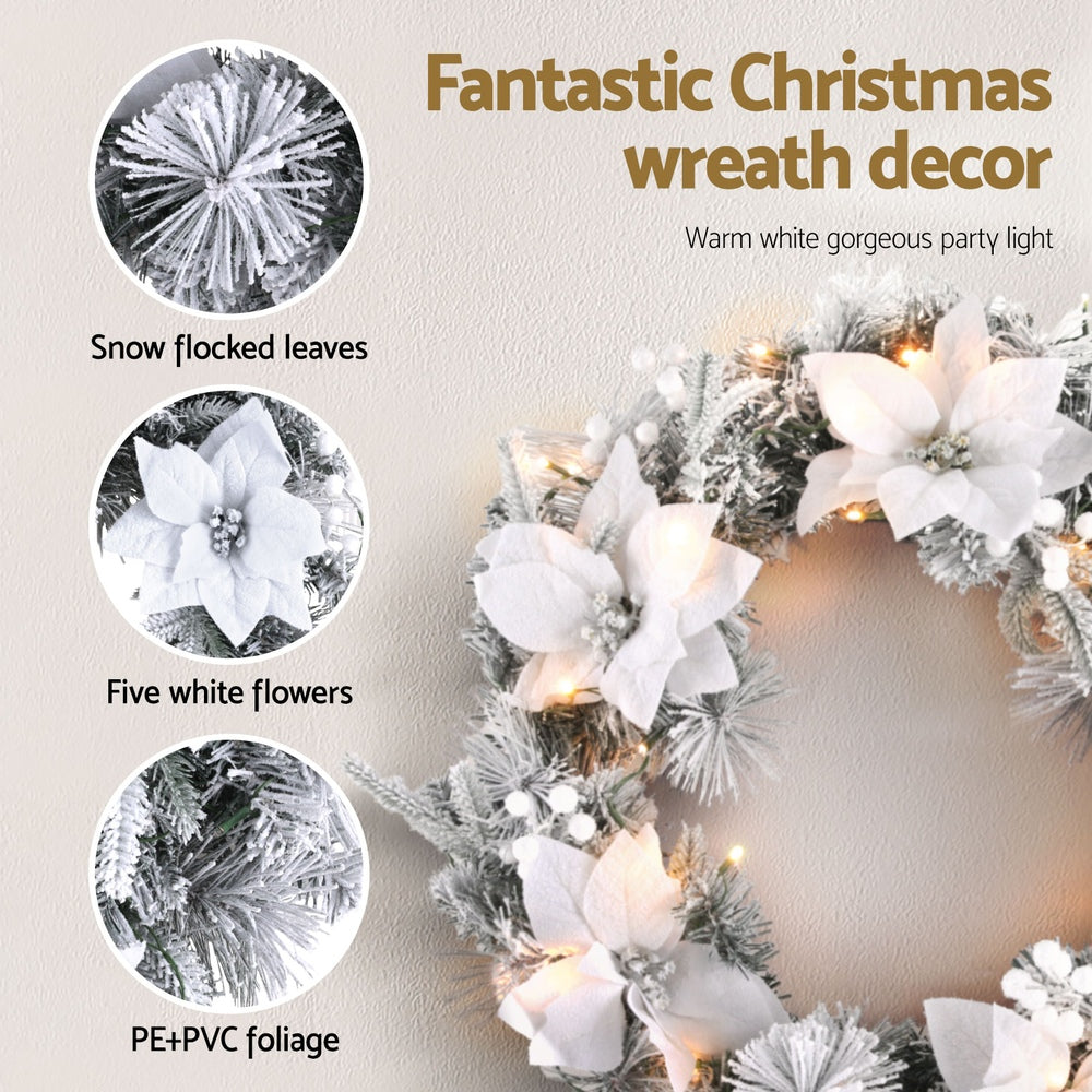 Artificial Christmas Wreath 60cm LED Lights Snow Frosted Flowers