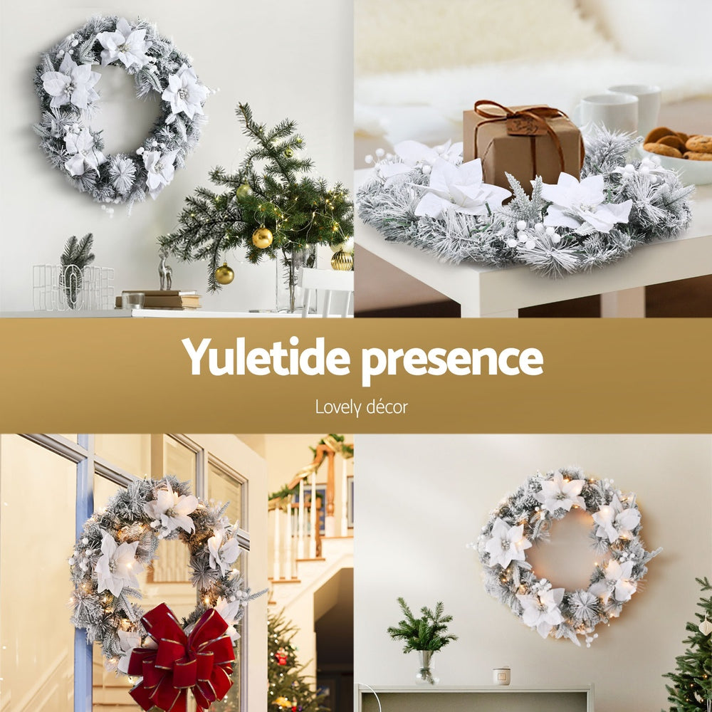 Artificial Christmas Wreath 60cm LED Lights Snow Frosted Flowers