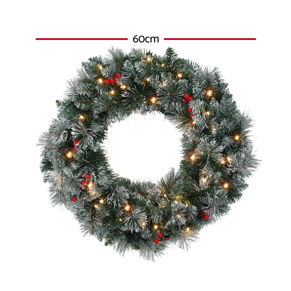 Artificial Christmas Wreath 60cm LED Lights Snow Frosted Berries