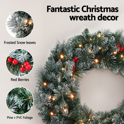 Artificial Christmas Wreath 60cm LED Lights Snow Frosted Berries