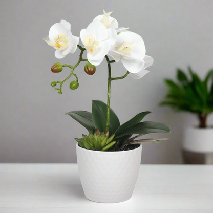 Lifelike 35cm White Single Stem Artificial Orchid in Decorative Pot