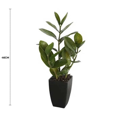 Lifelike 46cm Potted Zanzibar Artificial Plant in decorative pot. Black pot full view with measurement