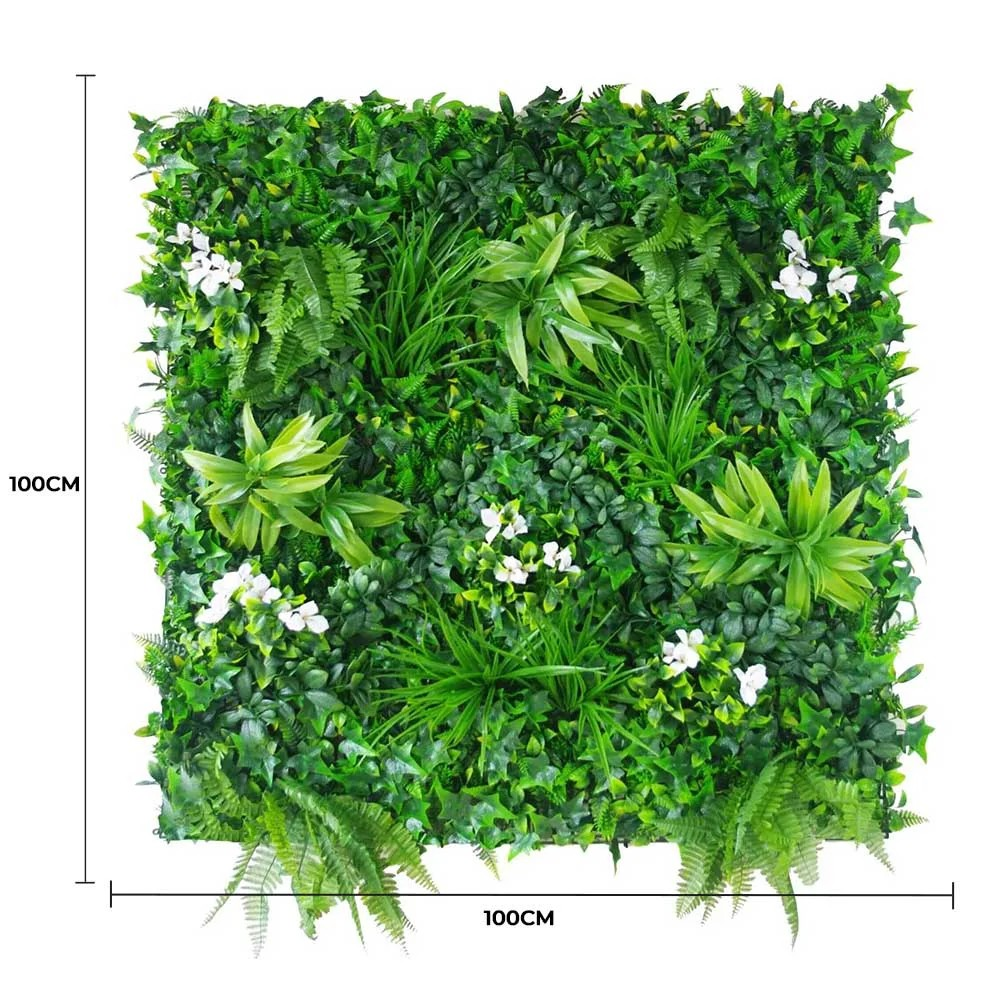 Lifelike Snowy White Artificial Vertical Green Wall UV Resistant 100cm x 100cm Full view with measurement