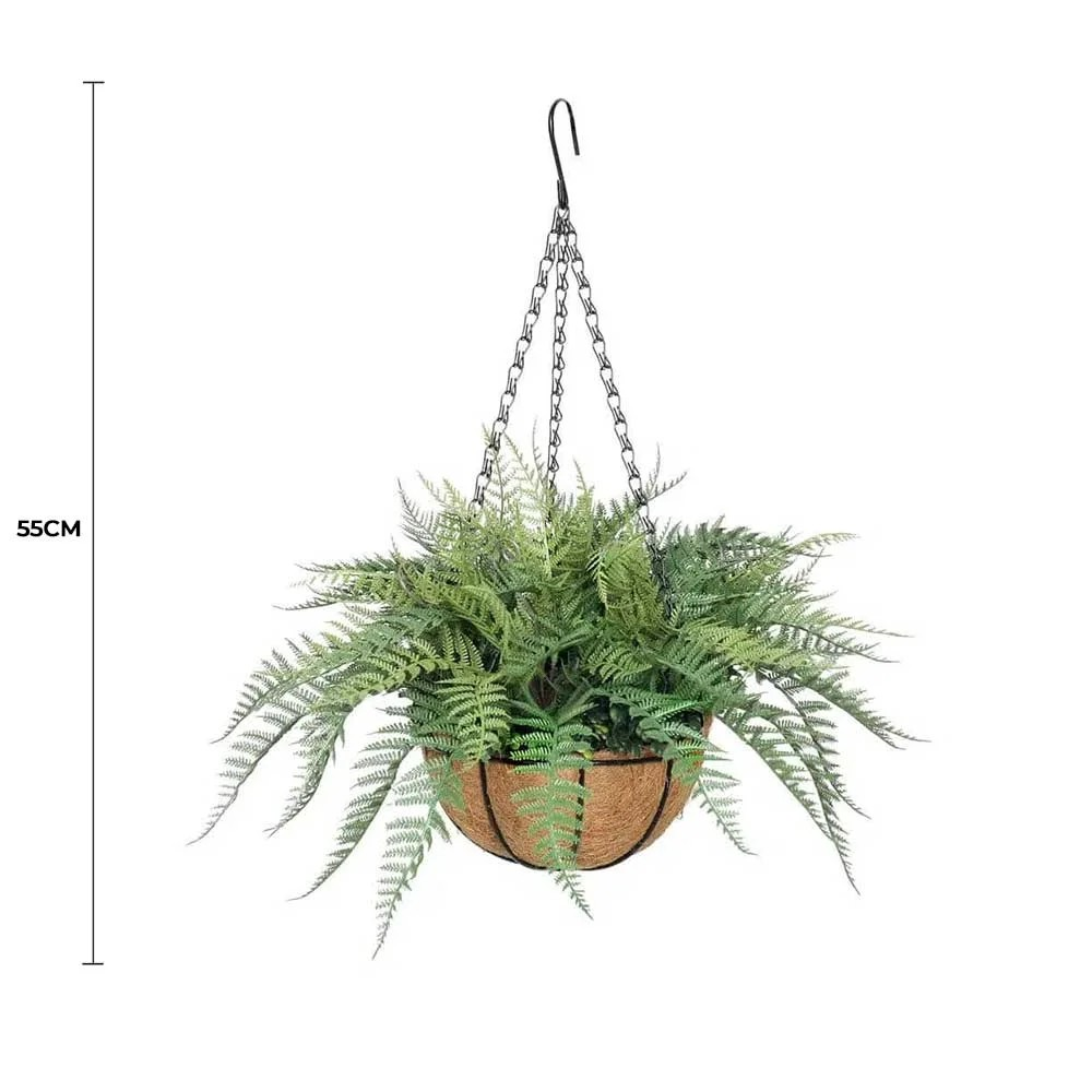  Lifelike 55cm Hanging Artificial Fern in Basket UV Resistant full view with measurement