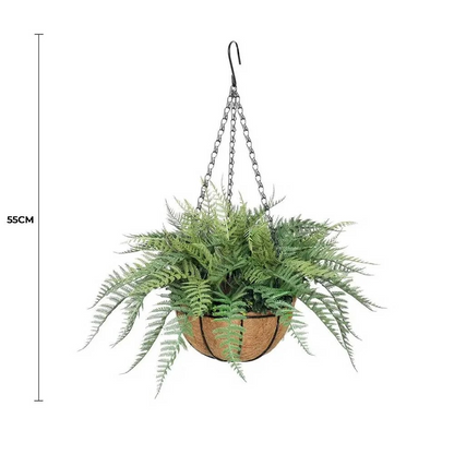  Lifelike 55cm Hanging Artificial Fern in Basket UV Resistant full view with measurement