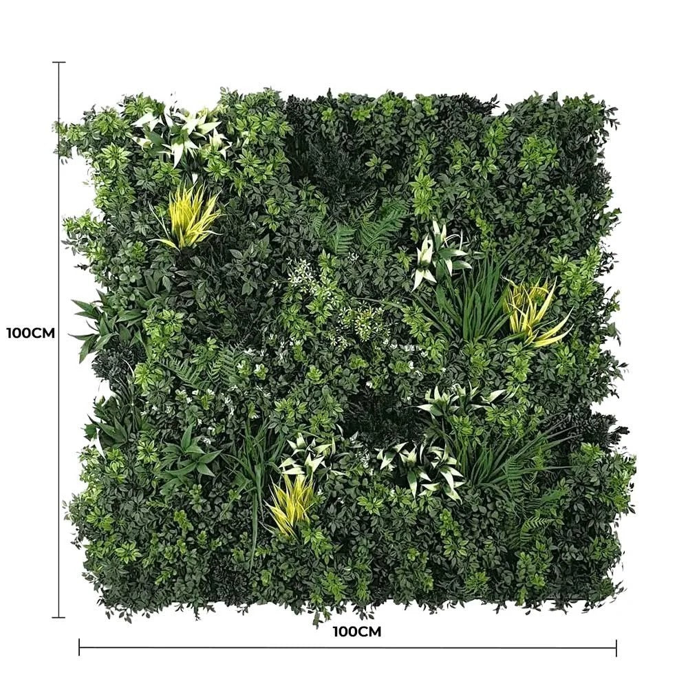 Lifelike Green Forest Artificial Vertical Green Wall UV Resistant 100cm X 100cm Full view with measurement