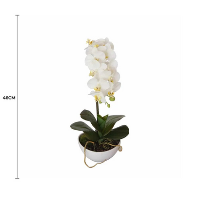 Lifelike 46cm White Butterfly Artificial Orchid in Decorative Pot Full view with measurement