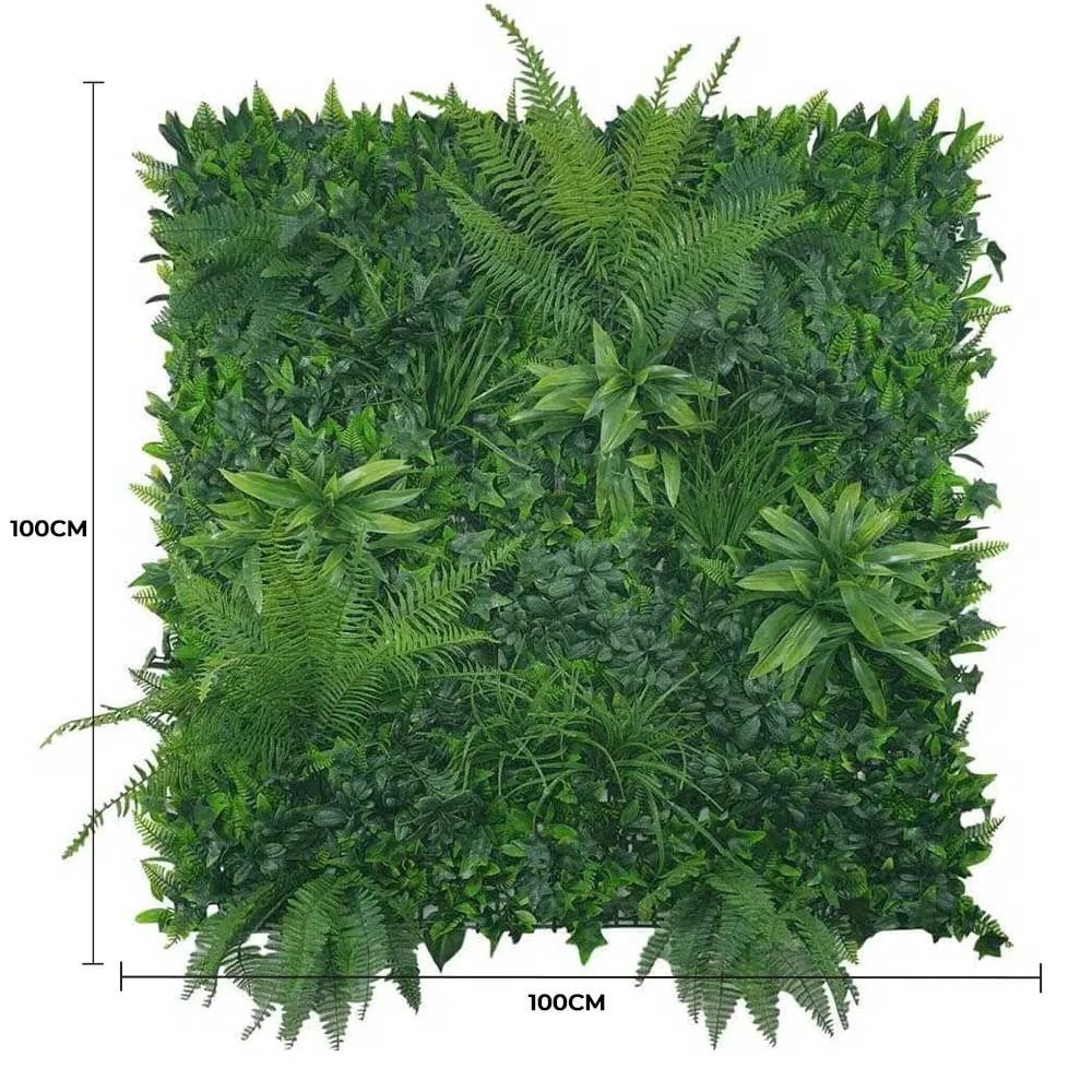 Lifelike Jungle Fern Artificial Vertical Green Wall UV Resistant 100cm x 100cm Full view with measurement