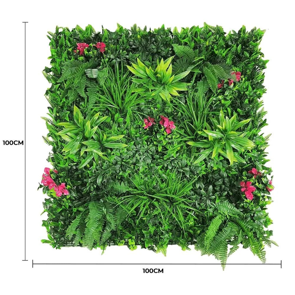 Lifelike Lilac Flowering Artificial Vertical Green Wall UV Resistant 100cm x 100cm Full view with measurement