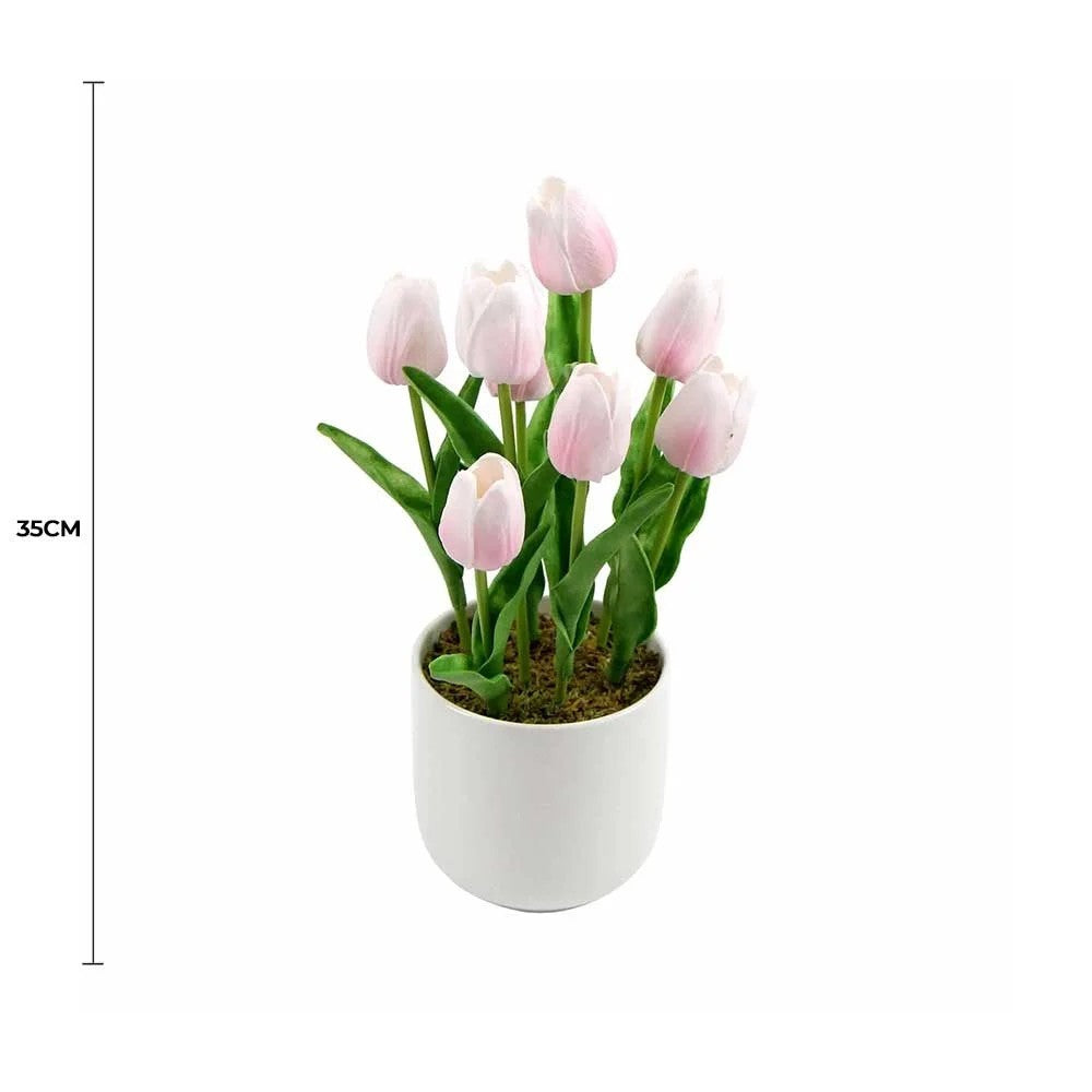 Lifelike 35cm Pink Flowering Artificial Tulip in Ceramic Pot full view with measurement