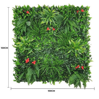 Lifelike Red Rose Artificial Vertical Green Wall UV Resistant 100cm x 100cm Full view with measurement