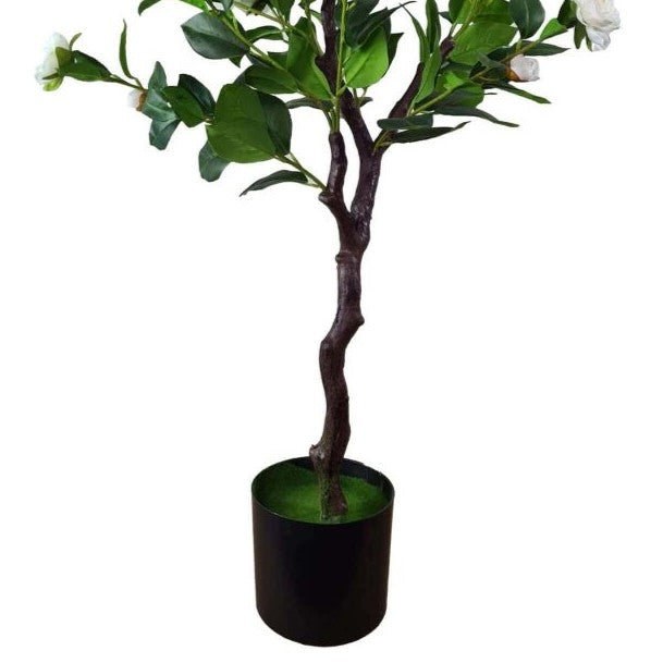 Flowering Natural White Artificial Camellia Tree 100cm Black pot view with trunk