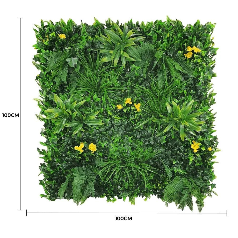 Lifelike Yellow Rose Artificial Vertical Green Wall UV Resistant 100cm x 100cm Full view with measurement