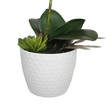 Artificial Potted Single Stem White Phalaenopsis Orchid with Decorative Pot 35cm close up of white pot