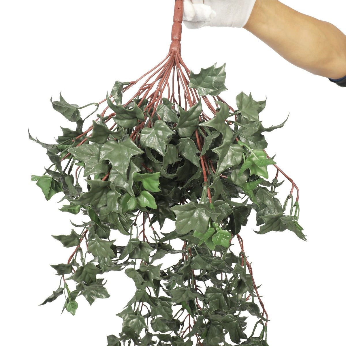 Lifelike 80cm Hanging English Ivy Bush Stem UV Resistant Close up of top of plant held by hand